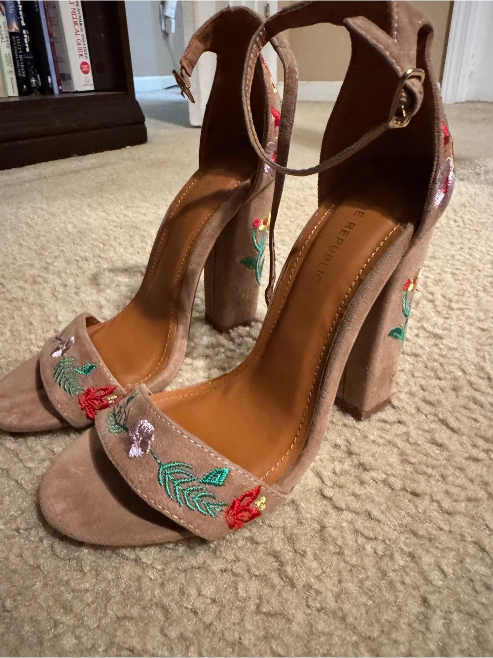 Shoe Republic Suede Embroidered Ankle-Strap Block Heels